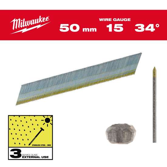 Afbeeldingen van MILWAUKEE® Afwerkspijkers, 15 gauge, 34°, D Head Inox 15G / 34° / 50 mm / SC3 - 2.500 pc